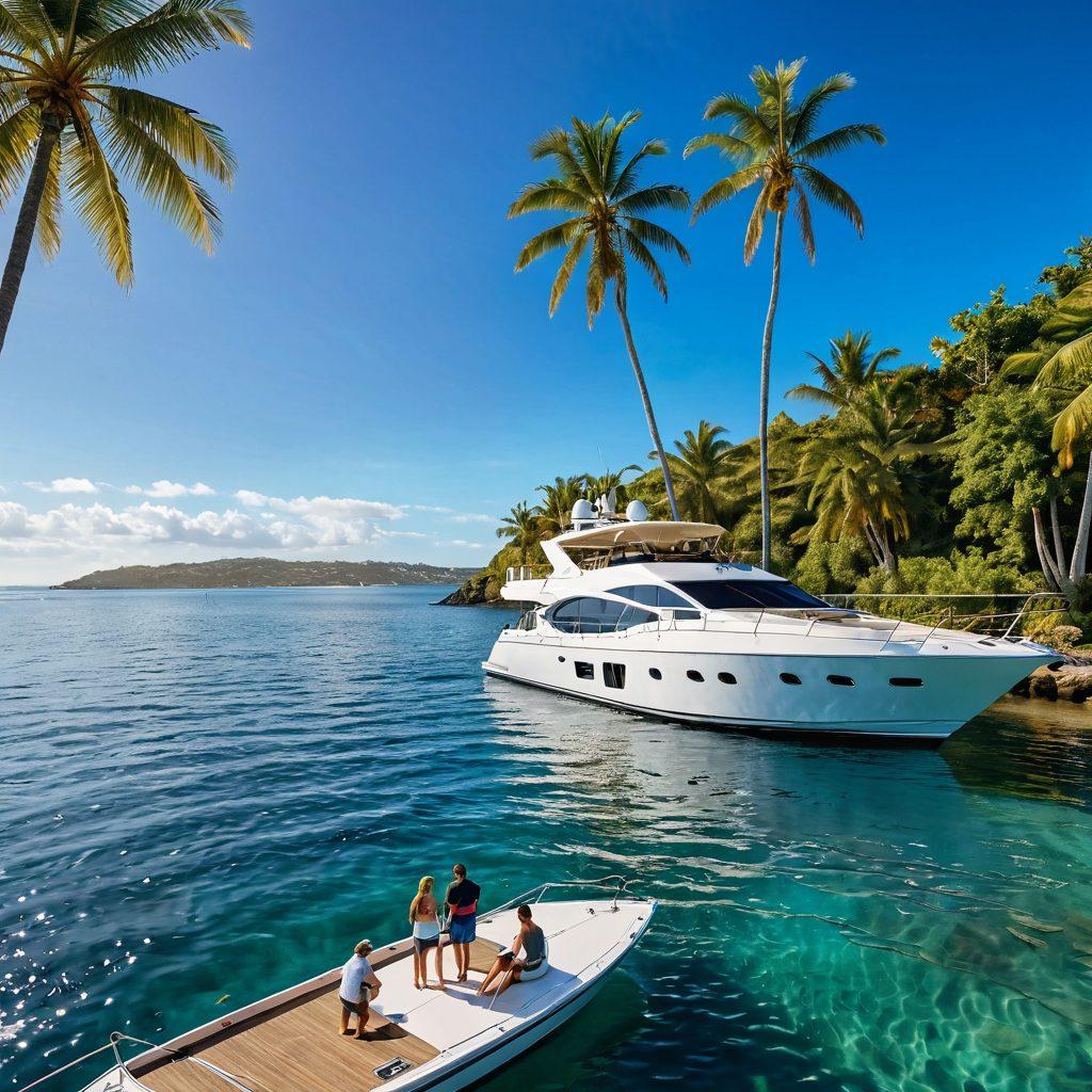 A serene coastal scene featuring a luxurious yacht gently floating on calm waters under a bright blue sky. In the foreground, a diverse group of people, including a couple discussing insurance options, and a friendly insurance agent with documents, showcasing the theme of guidance and affordability. Include subtle waves reflecting sunlight, and a backdrop of palm trees and a distant harbor. super-realistic. vibrant colors. 3D.