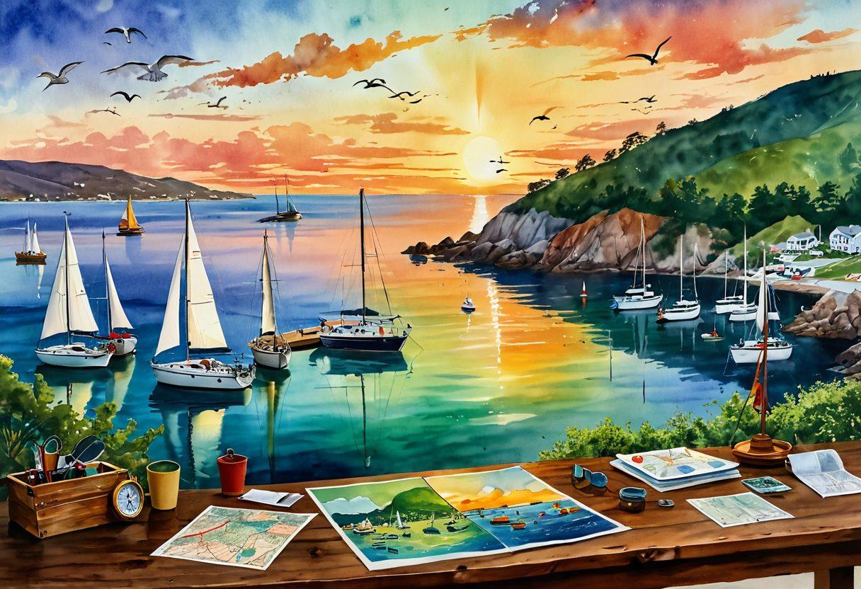 A panoramic view of a serene seaside harbor during sunset, featuring a variety of sailboats and yachts in vibrant colors, with a compass rose and nautical charts scattered on a wooden table in the foreground. In the background, lush green hills and a few seagulls soaring overhead. The overall atmosphere evokes adventure and exploration. watercolor painting. vibrant colors.