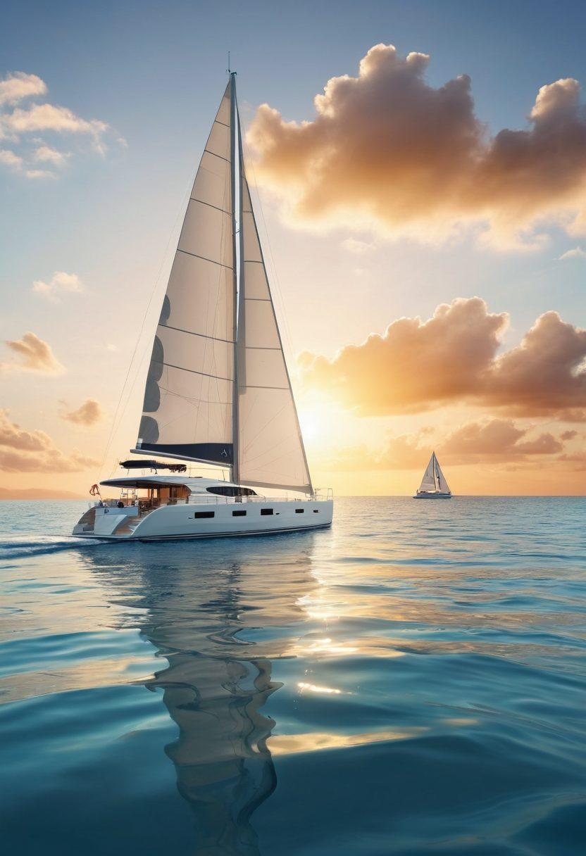 An elegant yacht sailing through calm azure waters, with a serene sunset in the background, symbolizing peace of mind. Surround the yacht with various icons representing insurance and risk management, such as shields and documents. The scene should evoke a sense of tranquility and confidence in choosing the right yacht policy. super-realistic. warm colors. white background.